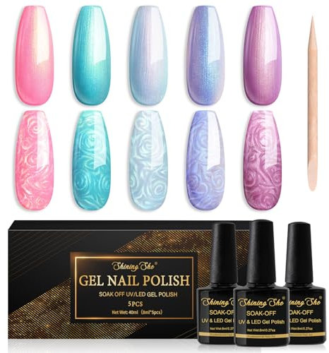 Shining She Gel Nail Polish Pearl, 5 Colors Pink Purple Green Blue Shimmer Mermaid Gel Polish Soak-Off UV/LED Nail Polish Swirl Thread Effect Nail Art Salon DIY Home, 8ML