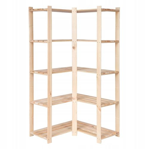 STOLMAK Holzregal Eckregal 170x83x38 cm (HxBxT) Standregal Natur Lagerregal mit 5 Ablagen Stehend Garage Regal Keller Wohnzimmer Kiefernholz Badregal Pflanzenständer