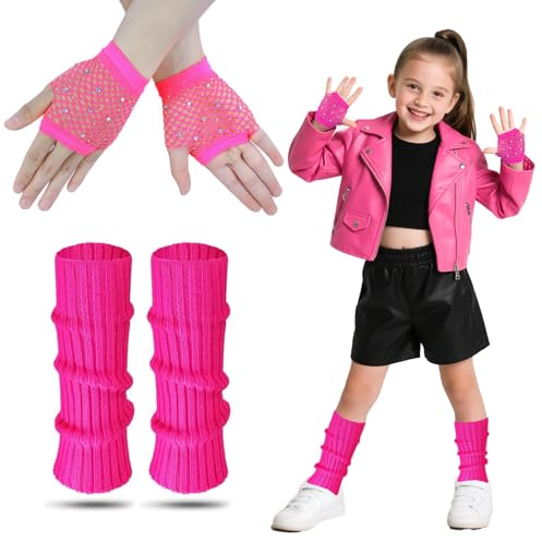 Baby flickor neon benvärmare, 80-tal flicka benvärmare med neon fisknät varma stickade handskar flickor leg warmers kostym tillbehör set för flickor 80-talet fantasy klänning temafest