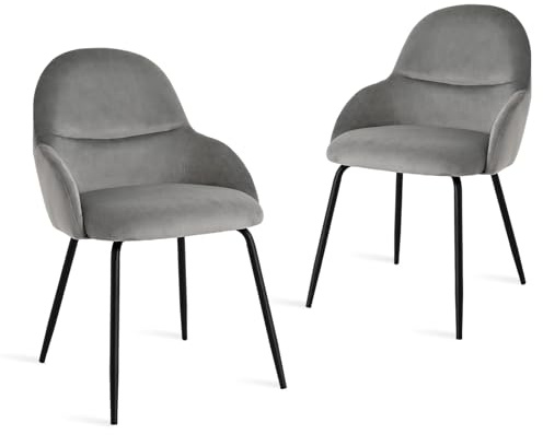 Goeurvant Esszimmerstühle 2er Set mit Armlehne – Ergonomische Polsterstühle, Moderne Küchenstühle mit Samtbezug & Metallbeinen, Gepolsterte Stühle für Wohnzimmer, Esszimmer, Küche, Hellgrau