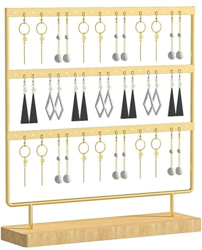 SIXHAOBU 60 Trous Organisateur de Boucle d'oreille, 3 Couches Presentoir a Boucle D'oreille avec Base en Bois, Porte Boucles D'oreilles Présentoir pour Bijouterie, Maison – Montage Facile