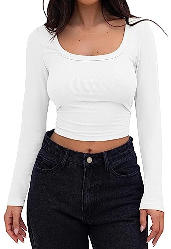 Maglie A Maniche Lunghe da Donna T Shirt Slim Fit Top da Donna A Maniche Lunghe Costine Attillato Casual Attillato Sexy Costine Sottogiacca Cotone Maglietta Blusa (White S)