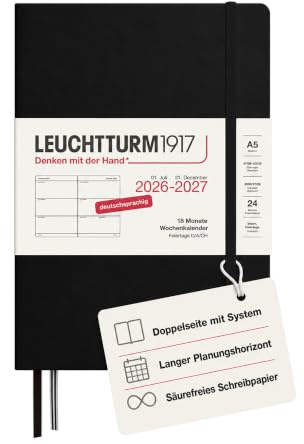 LEUCHTTURM1917 Veckokalender 2027 medium (A5) – tyska, svart, inbundet lock, 145 x 210 mm, 18 månader – 07. 2026-12.2027, 1 vecka per dubbelsida, 80 g/m² papper med hög bläckkompatibilitet