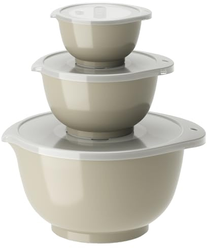 Rosti Margrethe Schüssel Set, Rührschüssel Set, 6-Teilig mit 3 Rührschüsseln und 3 Deckel, Teigschüssel aus Recycelbarem Kunststoff, 0,25 Liter, 0,75 Liter und 3 Liter, Humus