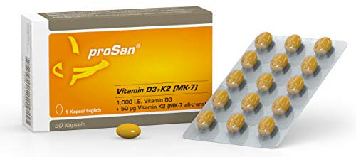 proSan Vitamin D3+K2 [MK-7] 30 Kapseln | hochdosiert | 1.000 I.E. Vitamin D3 + 100% NATÜRLICHES Vitamin K2 All-Trans 50 µg – hohe Bioverfügbarkeit - in Deutschland hergestellt- kleine Kapseln