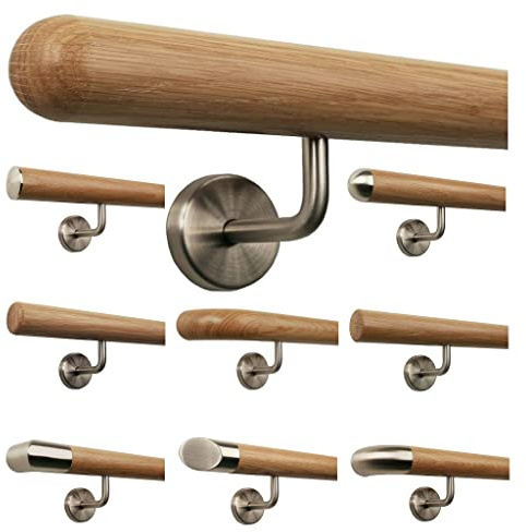 TIBU Eiche Holz Handlauf Geländer 0,3m - 6m, Länge 30 cm, Ende Halbkugel gefräst und 2 gewinkelte Halter