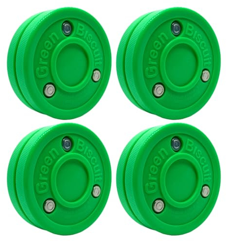 Green Biscuit Original 4 Pack Off Ice Hockey Pucks, Official Street Hockey Puck to Improve Stickhandling and Passing Skills