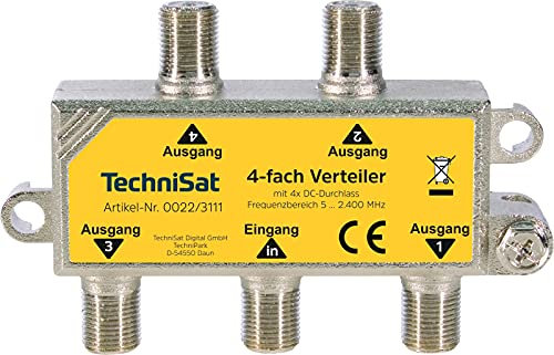 TechniSat 4-Wege-Verteiler zur Verteilung von SAT, Kabel- und terrestrischen Signalen (DC-Durchlass, ohne Diodenkopplung, DiSEqC-tauglich, TECHNIROUTER tauglich), Silber