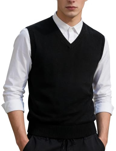 MANBOZIXi Maglioni Senza Maniche da Uomo Gilet in Maglia con Scollo a V, Nero 3XL