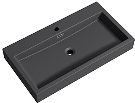 Mai & Mai Waschbecken Aufsatzwaschbecken Hängewaschbecken Breite: 76,5cm Waschschale Mineralguss in matt Anthrazit 1 Armaturenloch Bad Eckig Col06
