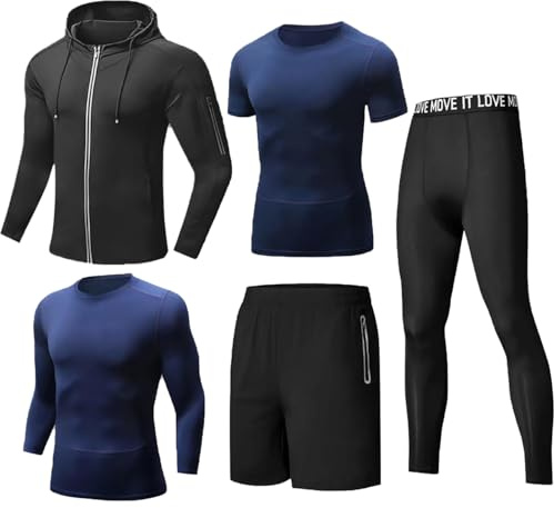 Tancefair 5 st fitness träningskläder för män löpning kompressionsbyxor kort/långärmad skjorta topp jacka set kostym, Blå, XL