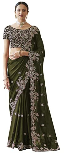TRENDMALLS Sari da donna Rangoli in seta pesante ricamato con camicetta non cucita, verde Mehndi, taglia unica, Mehndi Verde, taglia unica