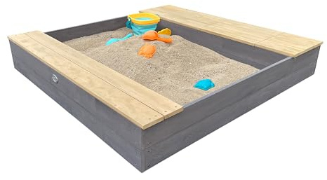 AXI Evy Sandkasten aus FSC Holz mit Sitzbank, Stauraum & Behältern für z.B. Wasser | Sandkasten in Grau & Braun inklusive Bodenplane & Abdeckplane | 119 x 117 cm