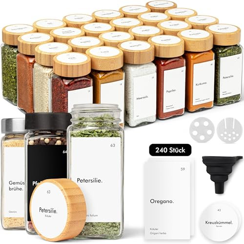 KIVY Lot de 24 pots à épices avec insert à saupoudrer [24 x 120 ml] + 240 étiquettes étanches, avec couvercles en bois