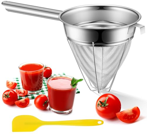 SiliFine Stainless Steel Reinforced Bouillon Sieve Strainer Cone Fine Mesh Strainer with Handle and Rubber Pestle for Kitchen Food Cooking(8 Inch)