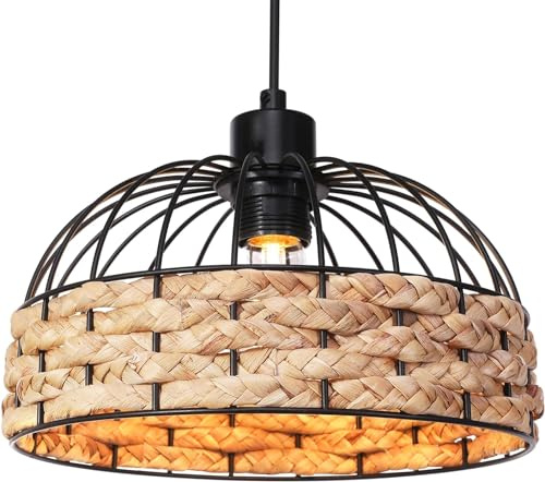 GIGGI Large Metal & Rope Light Shade, Retro Black Lamp Shade with Jute Rope Lamp Shades Ceiling, Rattan Lampshade, Pendant Lampshades for Ceiling Lights, Living Rooms, Kitchen, Bedroom, Hallways