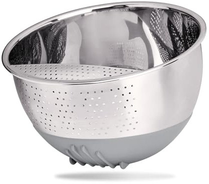 REISHUNGER Cuenco de arroz y colador de verduras de acero inoxidable (gris) - Colador para lavar arroz y verduras - Con base de silicona antideslizante