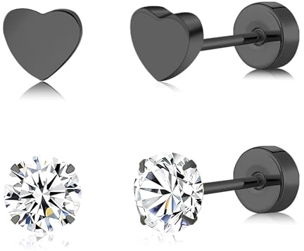 FACOKO Orecchini da donna in titanio con fondo piatto ipoallergenici 5 mm con zirconi a forma di cuore/triangolo e croce/stella e luna/farfalla e fulmine