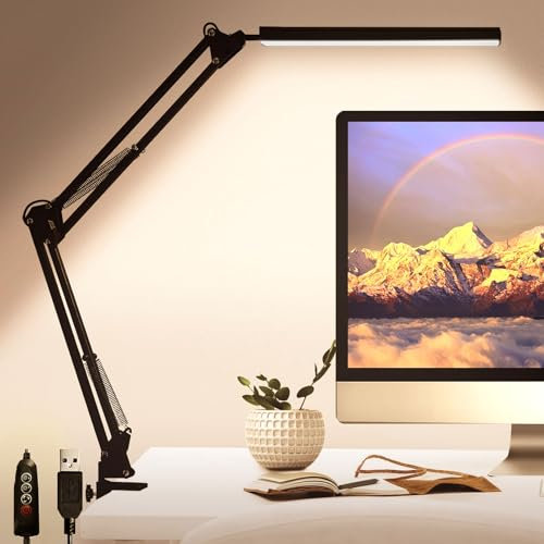 GLOBAL GOLDEN Desk Lamp, Eye Caring LED Desk Light, Adjustable Swing Arm, Memory Function with 3 Color Modes x 10 Brightness Levels, 12w Study Lamp for Office, Nails, School, Working - Black