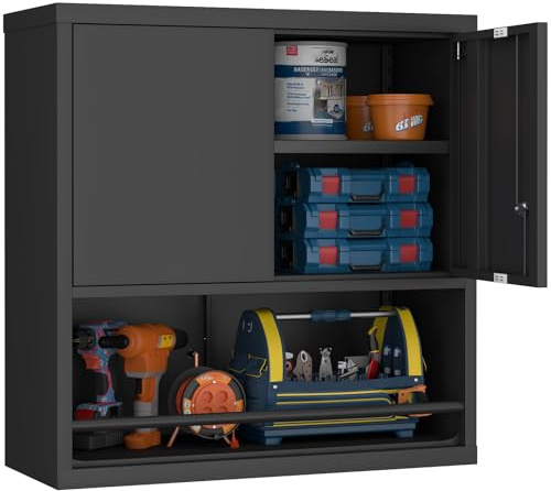Locking Metal Wall Mounted Garage Storage Cabinet with Doors and Shelves