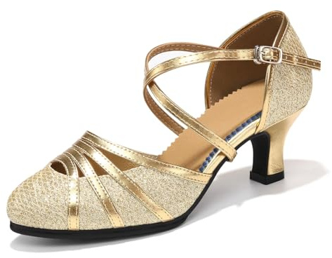 HIPPOSEUS Ladies's Glitter Latin Dance Shoes Gold Closed Toe Dancing Pumps with Outdoor Suede Sole for Ballroom Tango Salsa Samba Waltz,5.5 UK