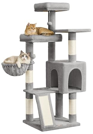 Feandrea Árbol para Gatos, Rascador de Gatos, Torre con Postes y Rampa Rascador, 3 Grandes Plataformas, 1 Cueva, 1 Hamaca, 2 Pompones, Altura 136 cm, Gris Paloma PCT012GD01