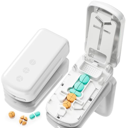 Pill Cutter Splitter for Small and Tiny Pills, 1/2 1/3 1/4 Pill Splitter for Small Pills,Vitamins, Tablets in Half or Quarters, Accurate and Easy Cutting, Stainless Steel Blade, Back Storage (White)