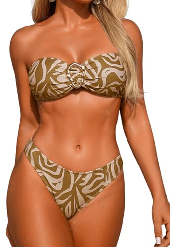 EHSUYAB Women Sexy Strapless Bandeau Zebra Print Two Piece Bikini Set, Halter Tie Back Bathing Suit, Low Rise Cheeky Swimsuit Brown Large