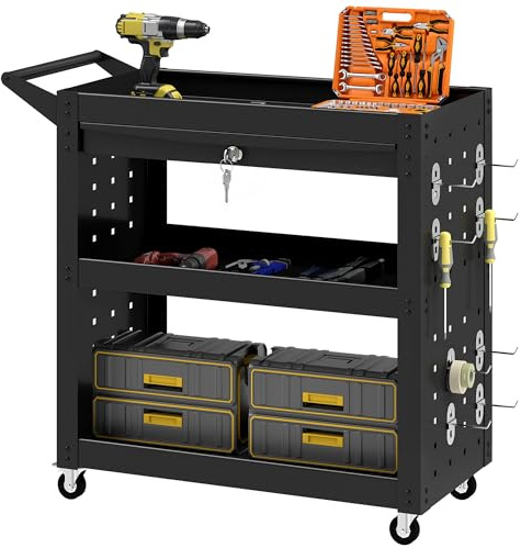HOMCOM Carro 3 estantes con Panel Perforado, cajón, Ruedas Freno, Negro | Carro de almacenaje con ruedas, para garaje, taller, almacén
