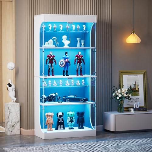 KOOPMAD - Vitrina de cristal con LED, vitrina para colección, armario de cristal moderno, 6 estantes, 4 puertas, transparente, mueble vitrinas para dormitorio, salón, comedor, 80 x 35 x 165 cm (blanco
