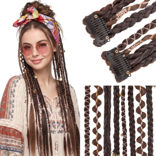 Elailite Extension Treccine Clip in Boho Dreads Braids Posticci Donna 50cm 2 Ciocche 50g Marrone Rossiccio & Marrone Medio per Feste Hip-hop Cosplay