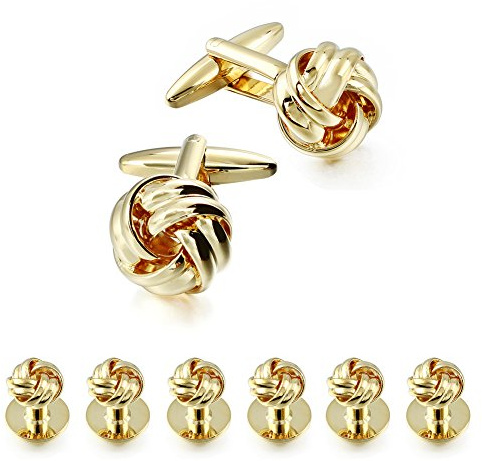 HAWSON Flower Knot Cufflinks and Tuxedo Studs Set Men Dress Shirt Studs Wedding Business Accessories (Gold Tone)