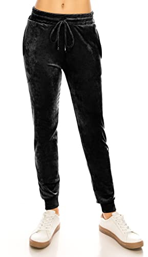 ALWAYS Velourjoggingbyxor för kvinnor – Basic premium mjuk stretch varm vinter träningsbyxor, Vjog8161/Svart, M