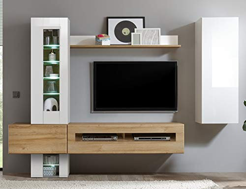 Wohnkombination Roana I weiß/Grandson Oak hell Dekor 280x200x38-48cm Wohnzimmermöbel Wohnzimmerschrank Schrankwand TV-Elemente Fernsehschrank Größe mit Beleuchtung