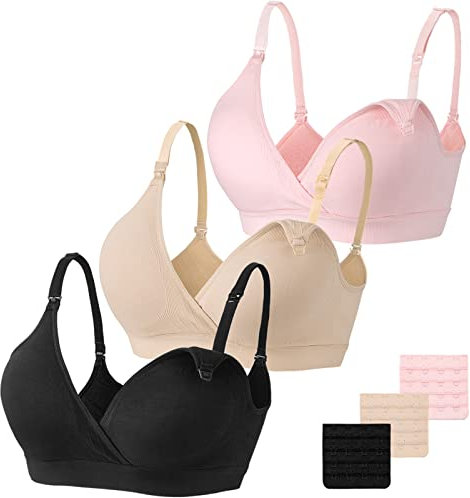 Vinfact Set da 3 Reggiseni Allattamento Senza Cuciture Reggiseno Premaman Cotone Morbido con Imbottito Reggiseno Gravidanza Senza Ferretto, Design con Scollo a V-S-Nero, Fleshcolor, Rosa