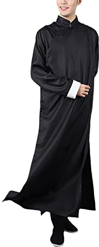 Moonetto Mens Kung Fu Robe Chinese Martial Arts Uniform Tai Chi Long Suit Button Shirt Coat Robe Outfit(0247-Black-XL)