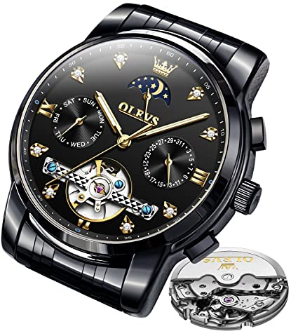 OLEVS herrklockor automatisk mekanisk svart armbandsur med skelett Tourbillon kalender vattentät lysande klassiska lyxiga klockor för män, 6678 svart, Armband