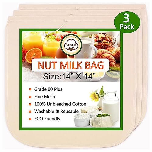 Lot de 3 sacs de lait de noix 35,6 x 35,6 cm Sacs en étamine Tissu à fromage Passoire alimentaire Serviette en coton Mousseline pour yaourt Jus Soupe Herb Avoine Lait de soja Vin Fournitures