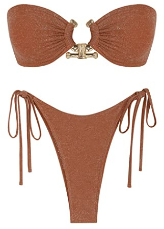 ZAFUL Maillot de Bain 2 pièces avec Bandeau à Nouer sur Les côtés et Anneaux métalliques, Rouge Rouille, Taille S