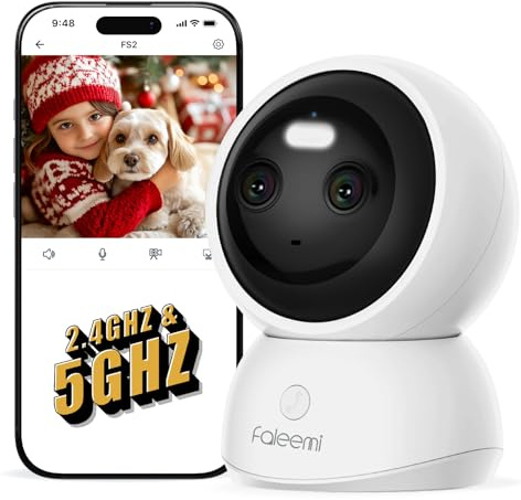 faleemi Dual Lens 2.4/5GHz WiFi Security Camera, 360° PTZ 2K Indoor Nanny Cams with Phone App, 2-Way Audio, Motion Tracking, Night Vision, for Pet/Dog/Baby Monitor/Elder/Home Security, Local Storage
