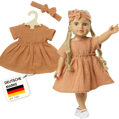 Heless 2425 - Vêtements de poupée 100% Coton Bio, Set de 2 pièces avec Robe et Bandeau de Cheveux en Caramel pour poupées et Peluches de 35 à 45 cm