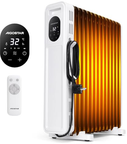 Aigostar Radiatore ad Olio 2500W, 13 Elementi Riscaldatore Elettrico Portatile, 3 Livelli di Calore, Modalità ECO, Timer 24H, Touch screen digitale, Telecomando, Hyperheat, Protezione Multipla, 60mq