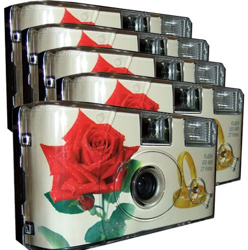 Lot de 5 appareils photo jetables 1A PORST Edition Rose et anneaux, avec flash, piles et film (lot de 5, 27 prises chacune)
