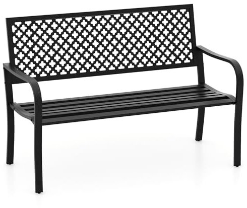 RELAX4LIFE Outdoor Garden Bench, 2-Seater Metal Patio Park Chair Slatted Seat with Hollow-out Backrest & Curved Armrests, 127cm Long Outdoor Furniture Leisure Loveseat, 300kg Weight Capacity (Black)
