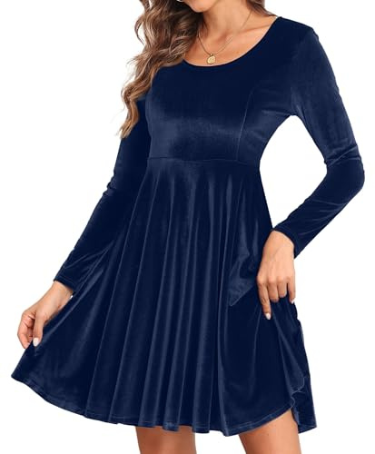 CheChury Women Velvet Dress A-Line Long Sleeve Dresses for Women Round Neck Swing Flared Mini Dress Elegant Party Cocktail Evening Dress Tunic Dresses for Autumn Winter,Navy,XL