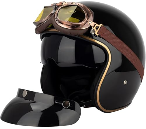 BYFHHHH Casque De Moto Casque Jet Vintage, Casque De Cyclomoteur Homologué ECE Casque 3/4 Casque De Cyclomoteur Demi-Casque avec Visière Intégrée, Casque De Scooter Cruiser Chopper B,M=57~58CM