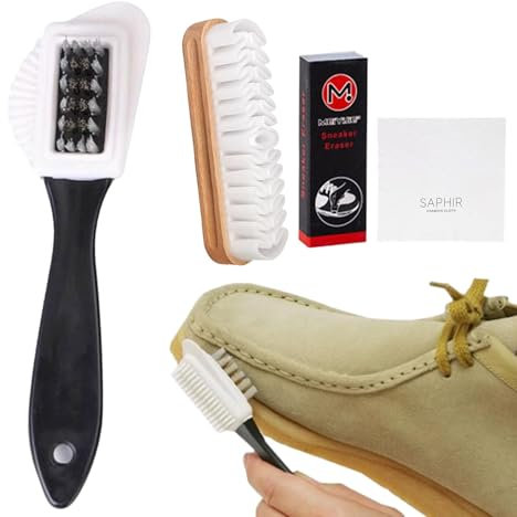 Wildlederbürste für Schuhe 2er Set, Vielseitig Einsetzbare 4 Seitige Raulederbürste mit Messingborsten, Wildleder Pflege mit Radiergummi Reinigungstuch für Rauleder Nubuk Wildleder Veloursleder