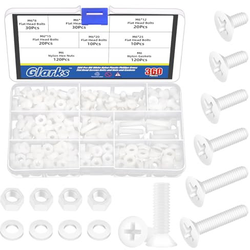 Glarks 360 PCS M6 x 8/10 / 12/15 / 20 / 25mm vis pour nylon Cross tête fraisée machine, vis pour blanc Cross tête plate machine