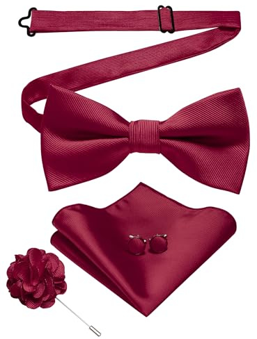 JEMYGINS Herrfluga av twill i uni med ficka fyrkantiga manschettknappar och blommor arrangemang presentset för fester affärer och bröllop, Vinröd, M