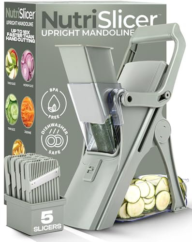 EMSON Safe Mandoline Slicer for Kitchen, All in 1 Mandoline Slicer for Food Works as Potato Slicer, Vegetable Slicer, Food Slicer, French Fry Cutter and More with 5 Blades and Storage Container
